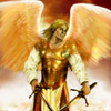 Крылатый юноша ангел с двумя мечами.