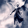 Воинственный ангел армагеддона, спускающийся с небес.
