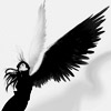 Девушка ангел с черным и белым крылом.