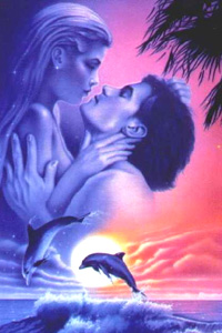 Аватарка для двоих влюбленных: море, закат, поцелуй, облака, дельфины. Сюжет из фэнтези.