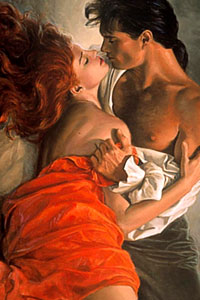 Страстная сексуальная пара: девушка в красном платье и мужчина мачо.