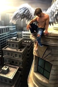 Печальный мужчина ангел, сидящий на крыше, аватарка для вконтакте.