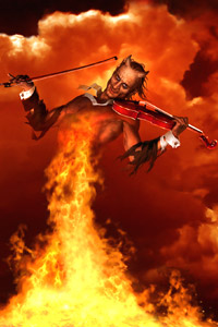 Рогатый демон, дьявол, сатана, играющий на огненной скрипке.
