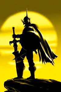 Аватарка с силуэтом воина-рыцаря в лучах солнца с огромным мечом и в плаще.