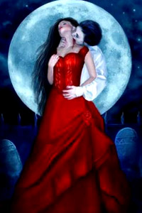 Вампир, кусающий девушку в красном платье на фоне огромной полной луны, на аватарку.