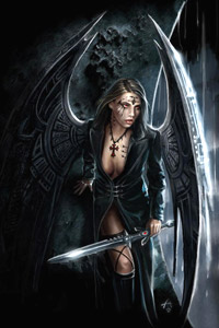 Аватарка с тёмным ангелом, девушка черный ангел с металлическими крыльями и мечом в руке.