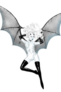 Обнаженная девушка демонесса, расправленные крылья, черные чулки, скачать картинку.