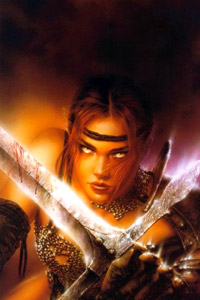 Аватарка в контакте девушка воин с горящими глазами и саблей, скачать аватарку.