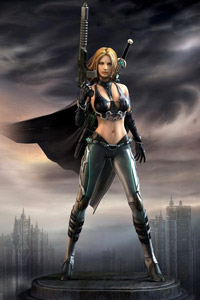 Аватарка в контакте девушка, вооруженная пулеметом, в черном плаще над городом.