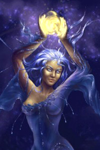 Картинка вконтакте красивая синеволосая синеглазая женщина-колдунья со светящимся шаром в руках, ночное колдовство.