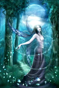Аватар в контакте девушка фея с крыльями в лесу (лесная фея, нимфа) на фоне полной луны завораживающая картинка, скачать бесплатно.