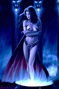 Аватарка для контакта черноволосая девушка богиня в черном плаще, женщина ведьма, головы драконов с горящими глазами.