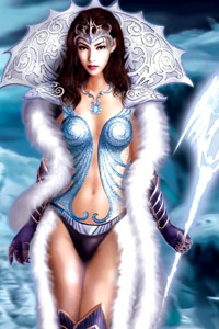 Аватарка девушка богиня в костюме Снегурочки в перчатках с ледяным посохом в руке, Снежная Королева.