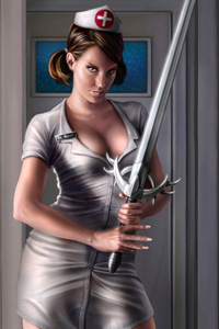 Картинка с медсестрой, держащей в руках меч