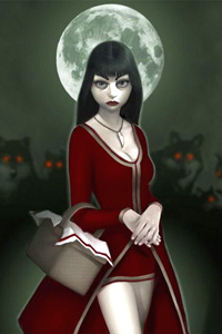 Аватарка для контакта девушка вампир в красном платье, полнолуние, скачать аватарку.
