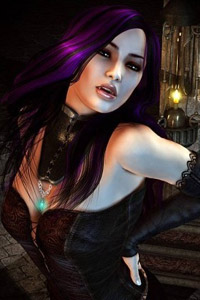 Аватарка для контакта соблазнительная девушка вампир, фиолетовые волосы, скачать.