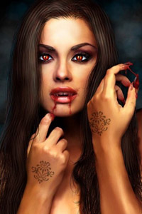 Эротическая картинка в контакте вампирша с красными глазами, тату, татуировки, кровь.